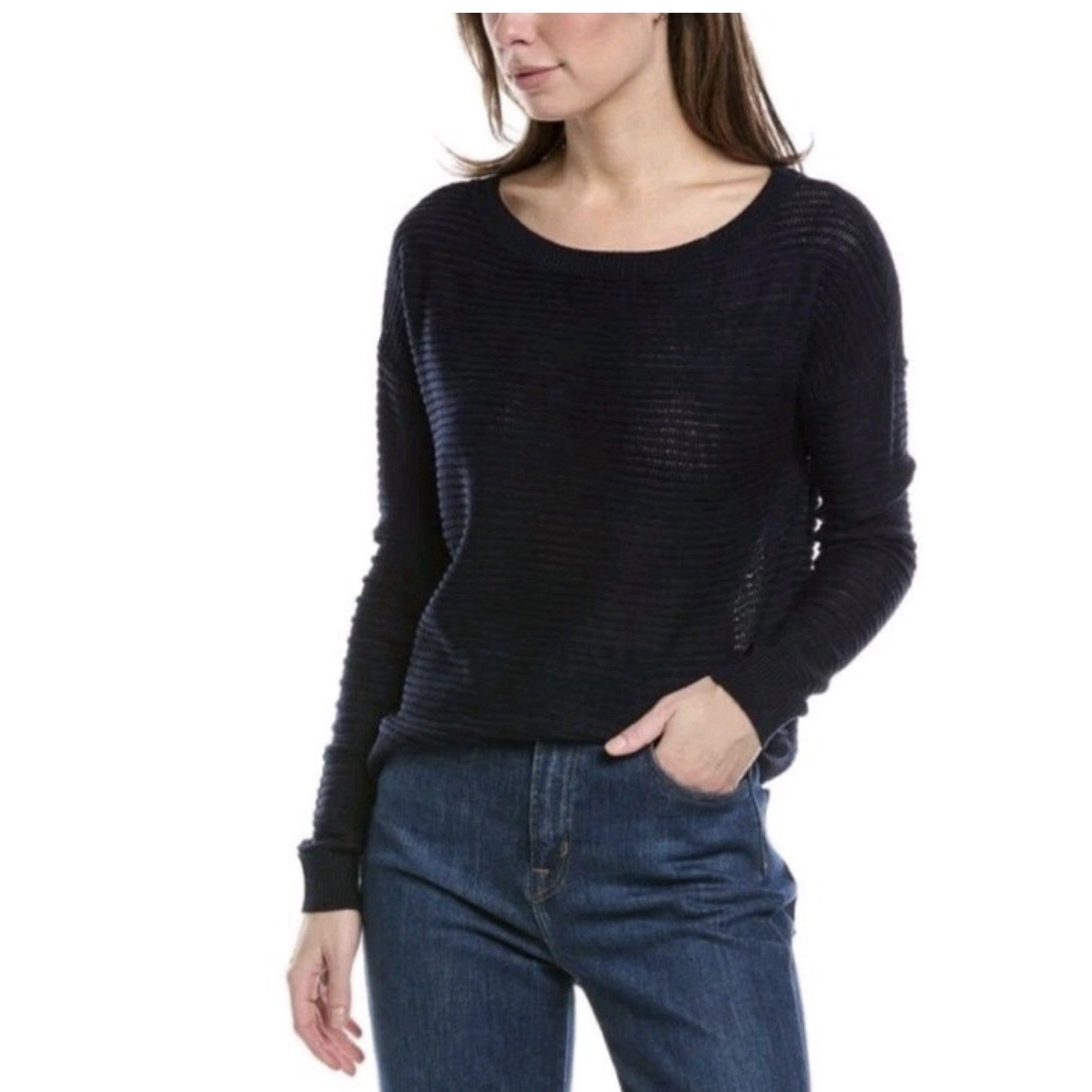 Nwt Theory Ribbed Oversized Cotton Pullover Sweater In Soft Navy Size Medium